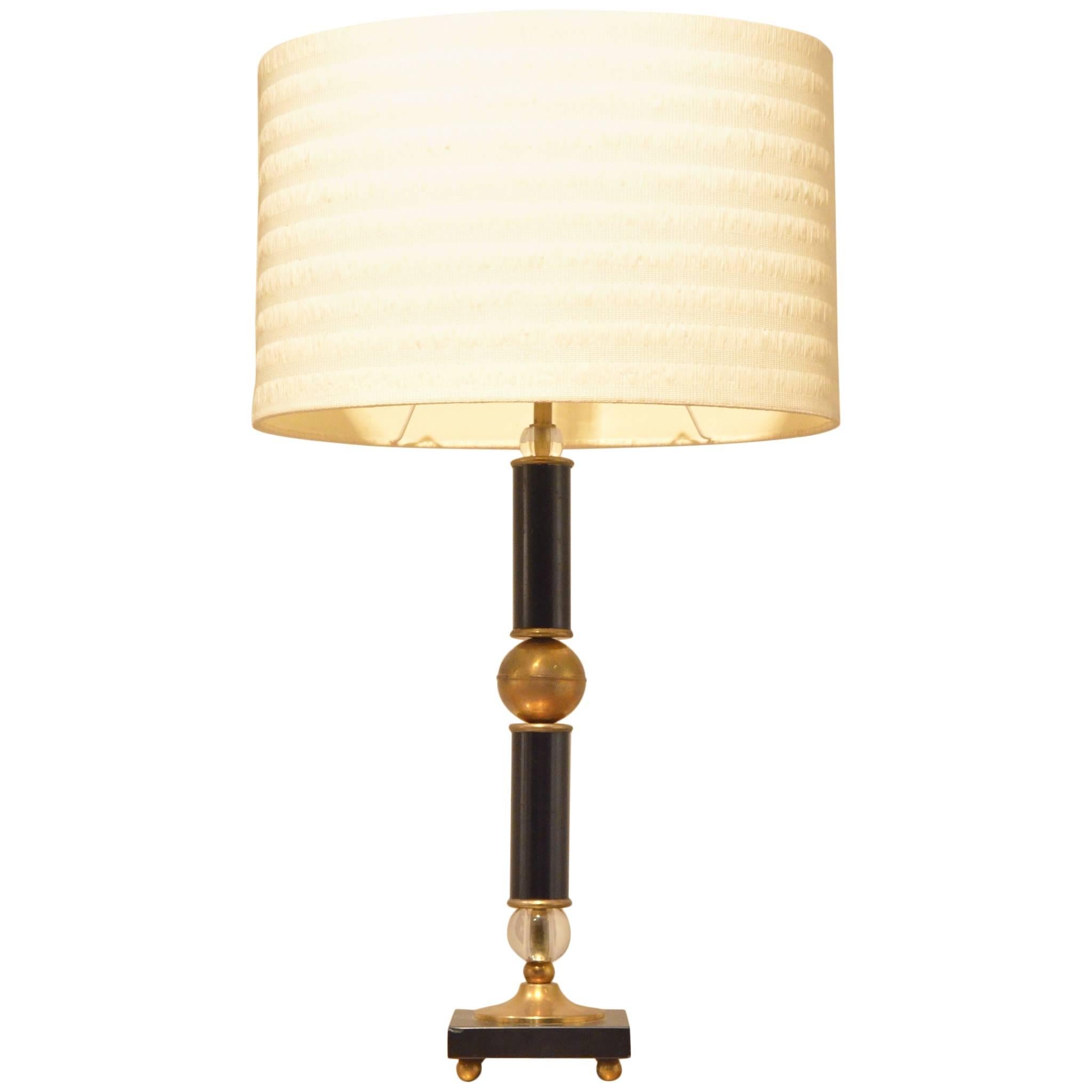 French Mid-Century Glass and Brass Ball Table Lamp Attributed to Jacques Adnet