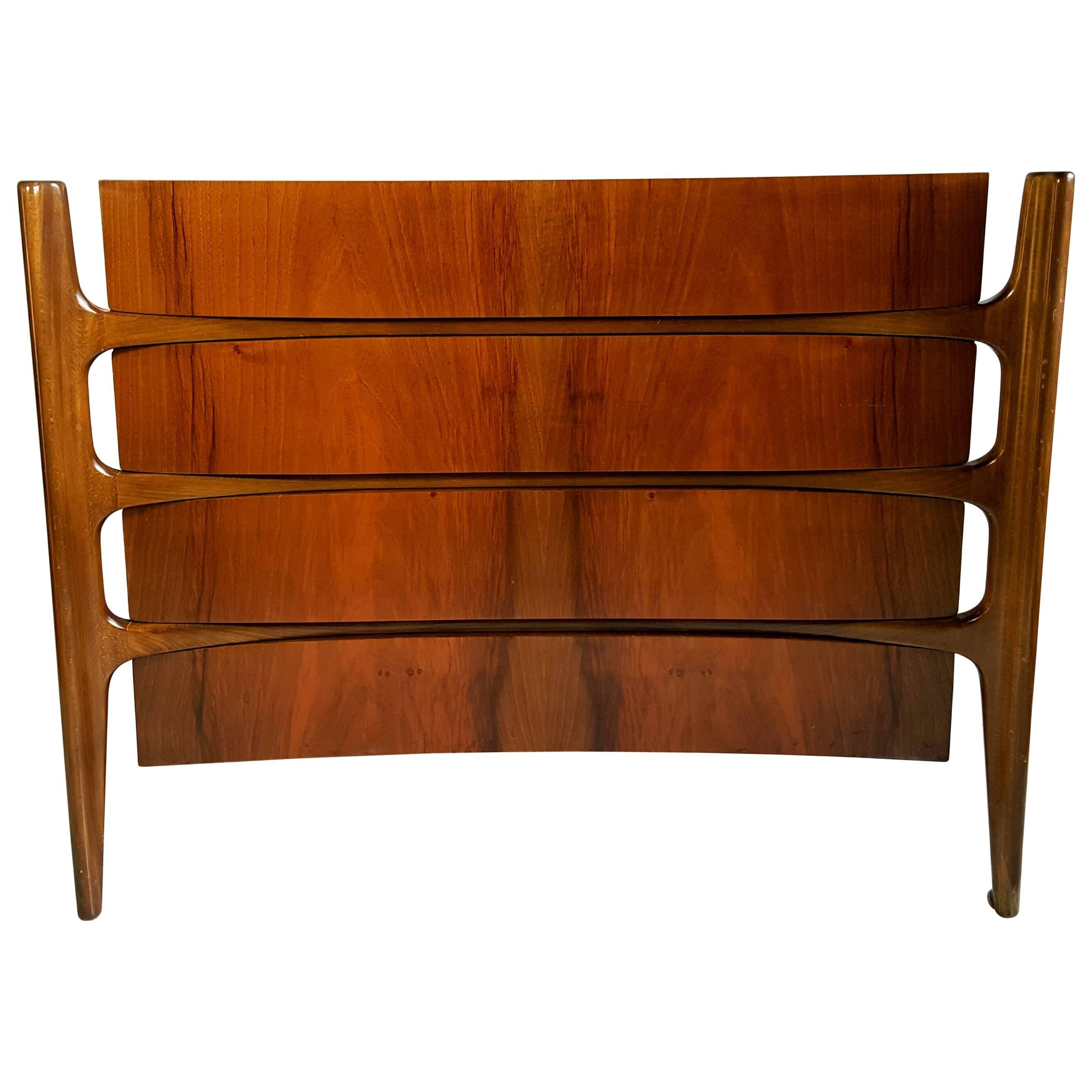 Rare William Hinn Curved Chest of Drawers in Walnut with Skeletal Frame For Sale