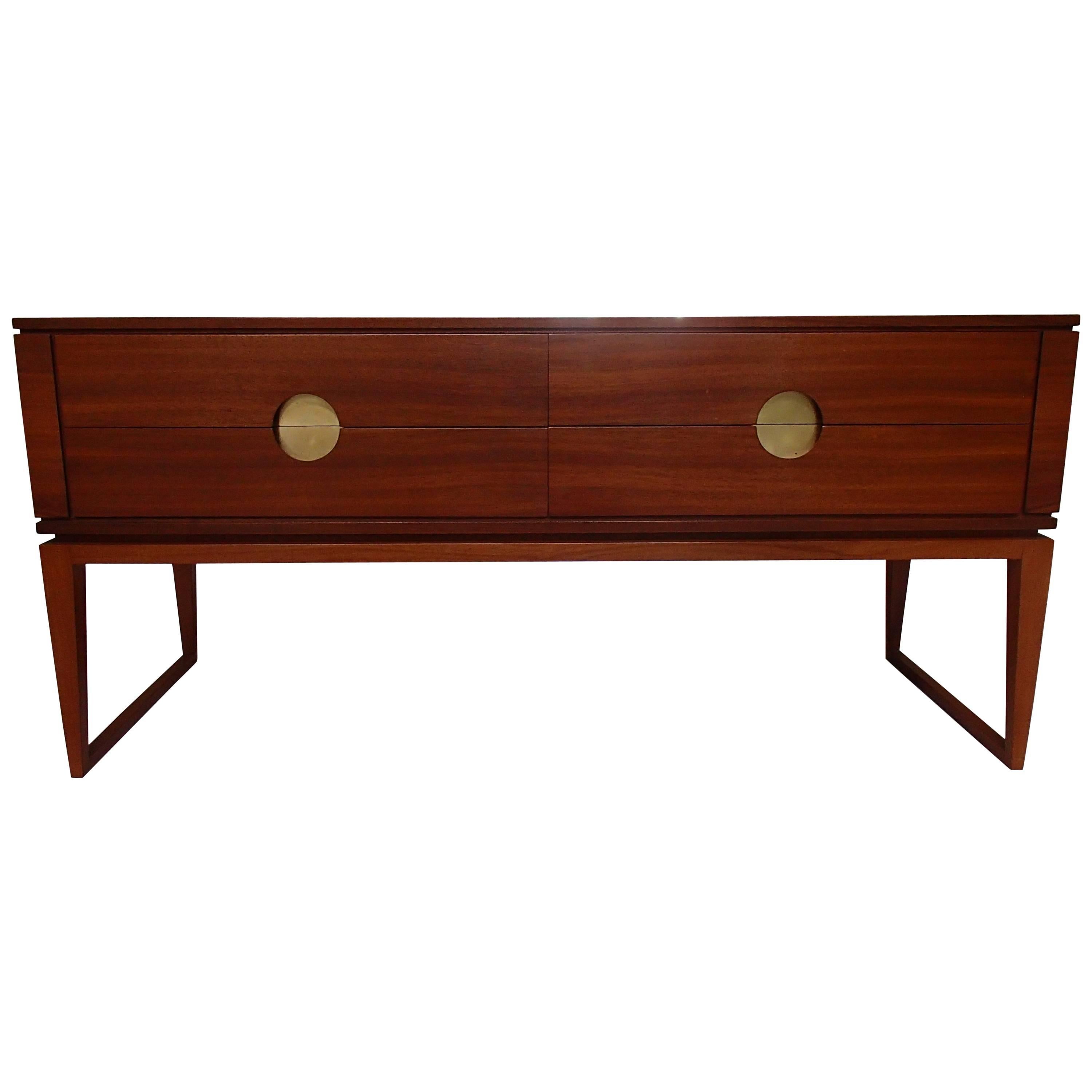 Mid century modern low board 4 drawers cherry wood and brass handels