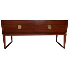 Mid century modern low board 4 drawers cherry wood and brass handels 9