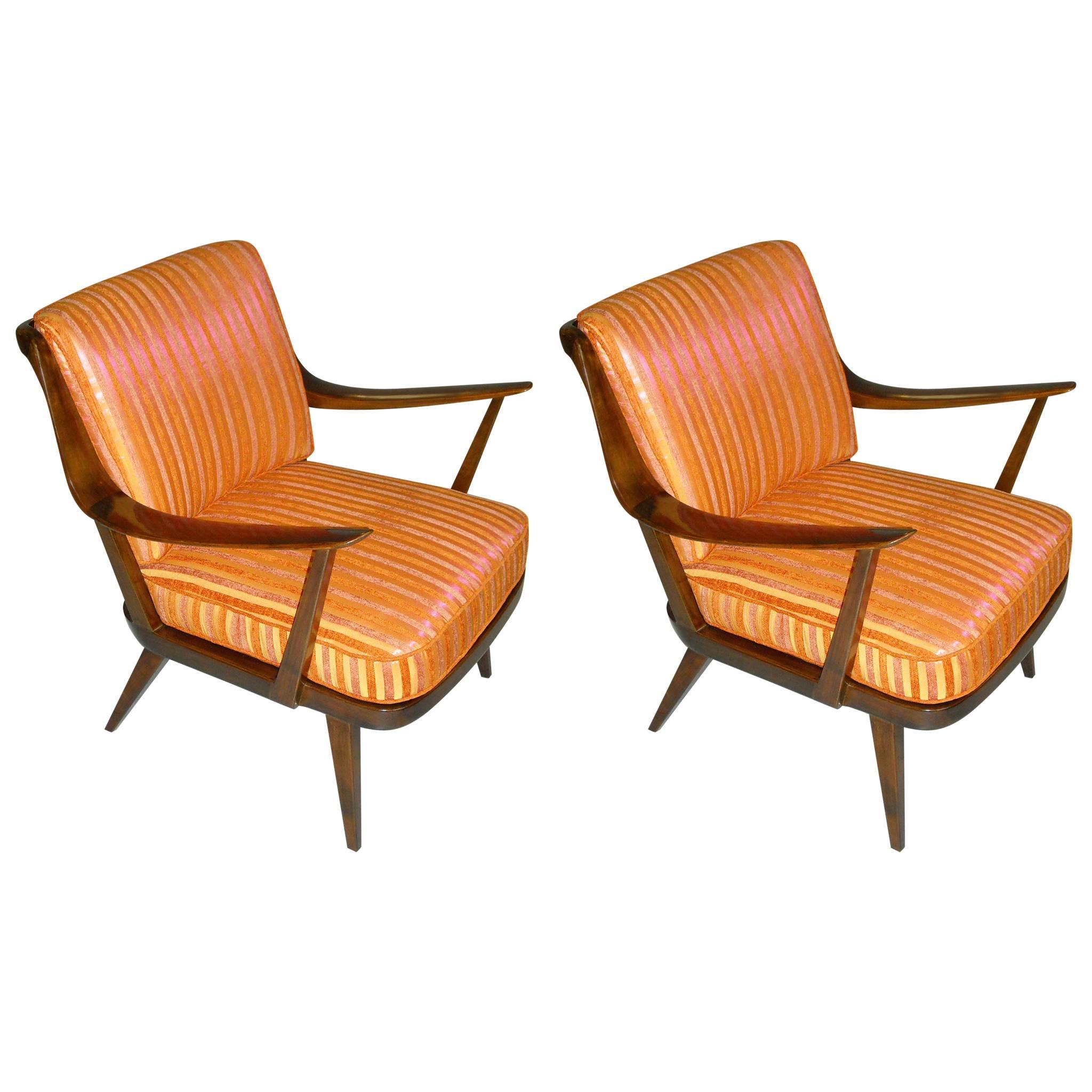 Pair of Knoll Antimott armchairs tinted birch yellow orange silk recovered For Sale
