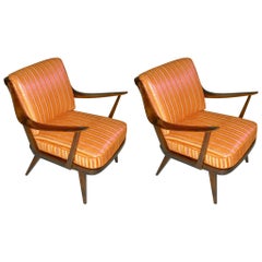 Pair of Knoll Antimott armchairs tinted birch yellow orange silk recovered