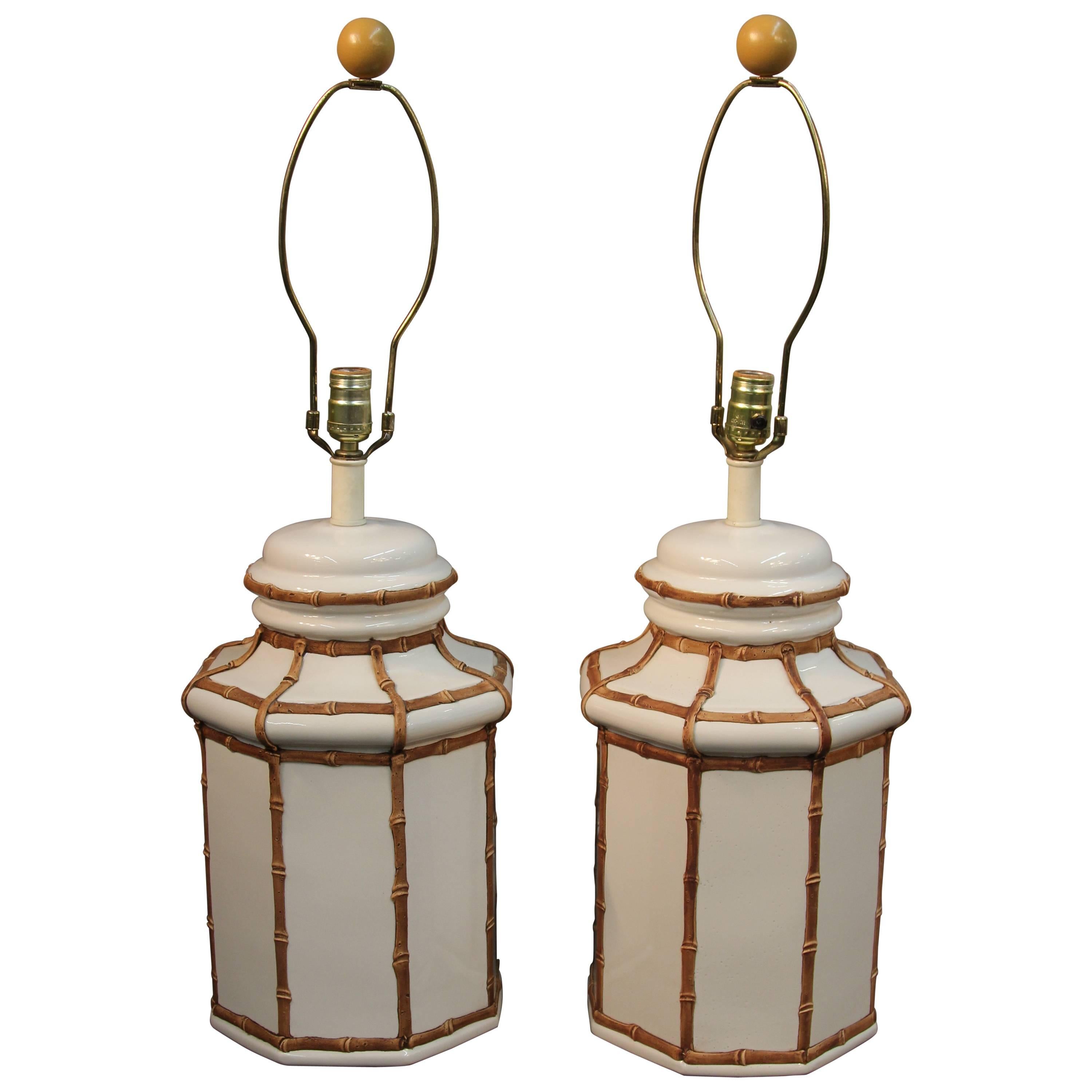 Stunning Matched Pair Ceramic Jar Lamps with Bamboo Lattice Motif