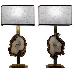 Mid-Century Modern Italian Brass Table Lamps with Agate and Shades