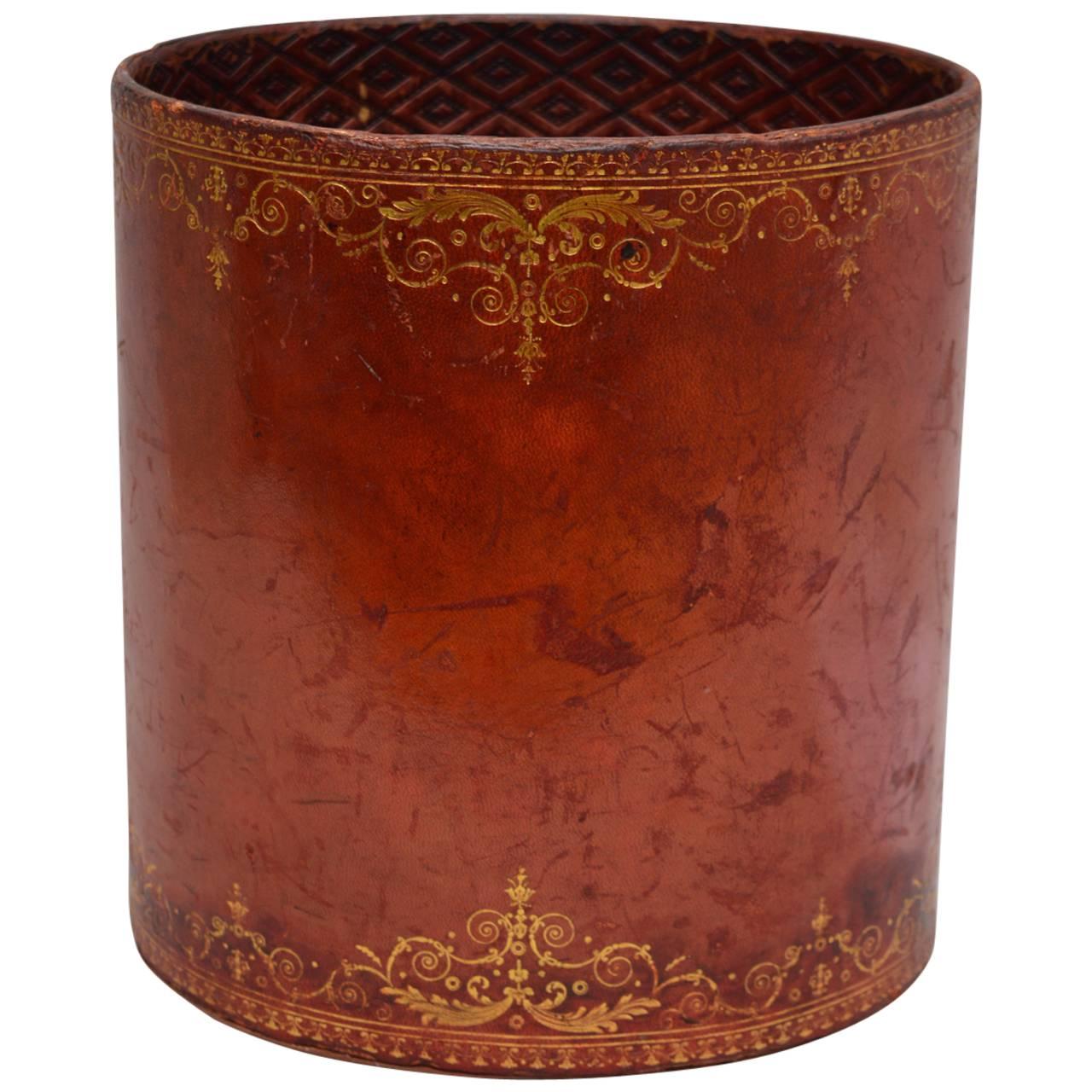 French Gold Embossed Cognac Leather Trash Can at 1stDibs trash can in