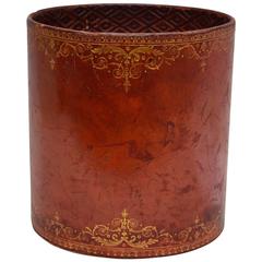 Antique French Gold Embossed Cognac Leather Trash Can