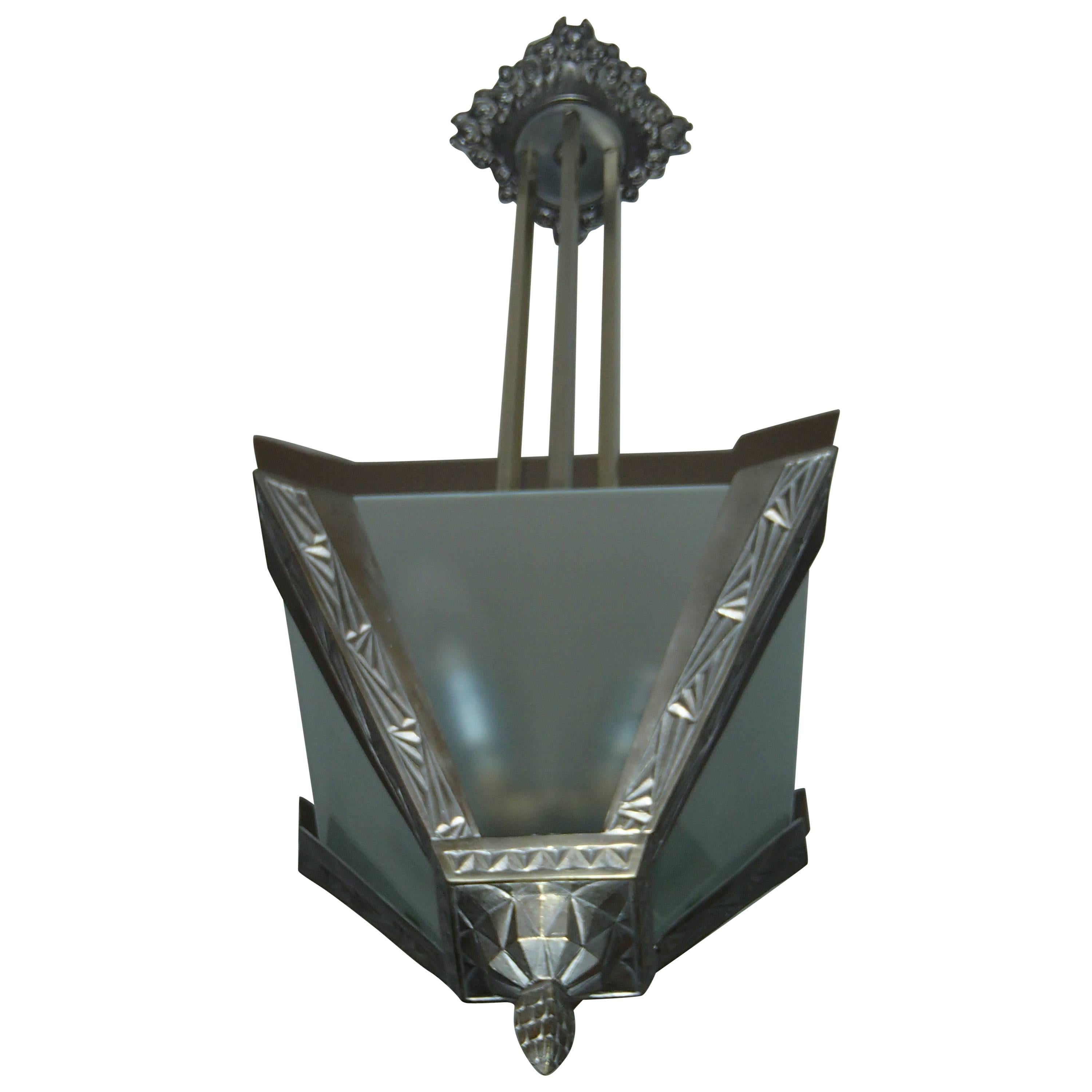 Art Deco geometric  bronze nickeled chandelier with satined glass For Sale