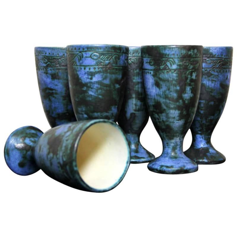 Rare Set of Six Blue Ceramic Sgraffito Goblets by Jacques Blin, France, 1950s For Sale