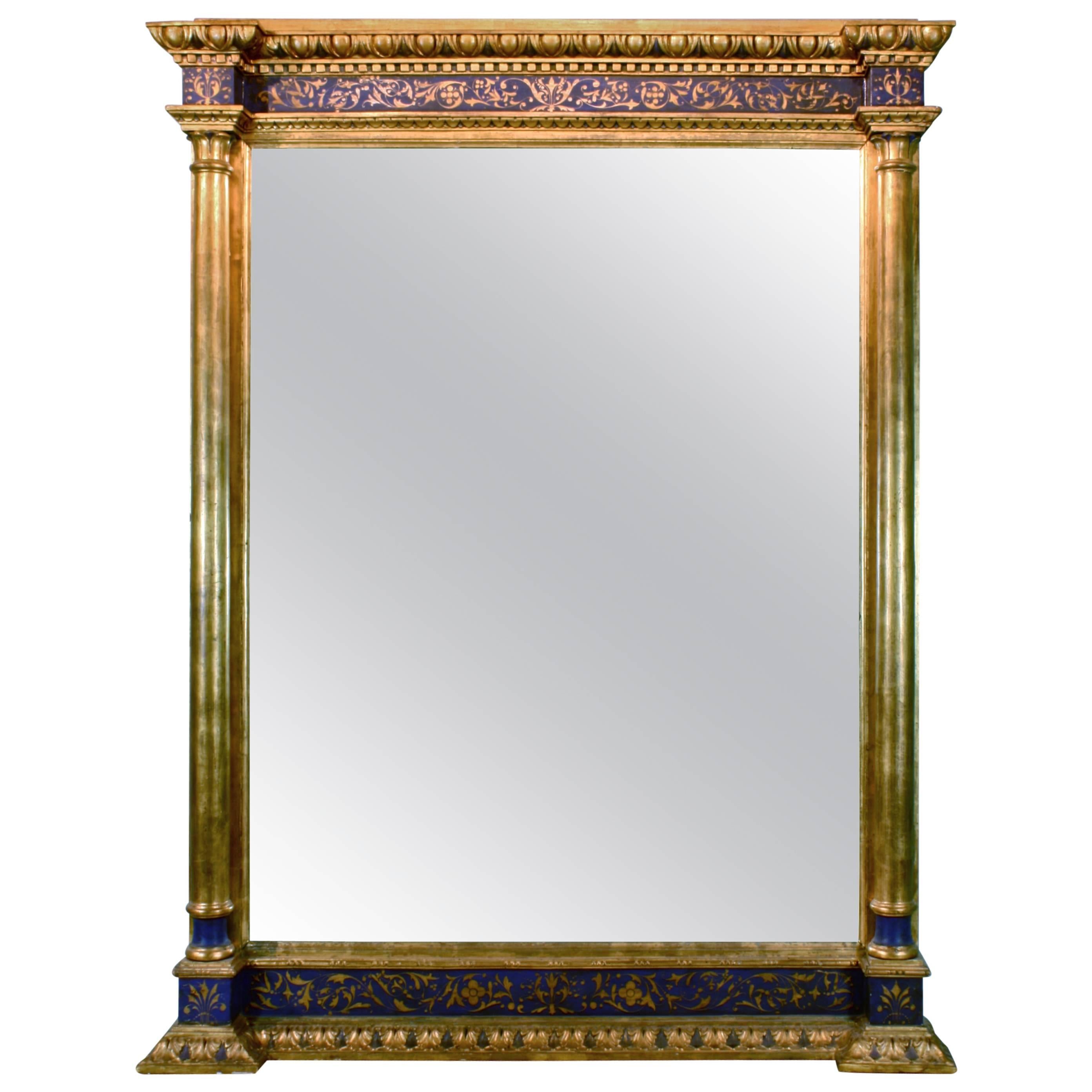 Impressive Renaissance Blue Painted and Parcel Gilt Mirror For Sale