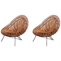 Splendid Pair of Rattan Armchairs Attributed to Franco Albini