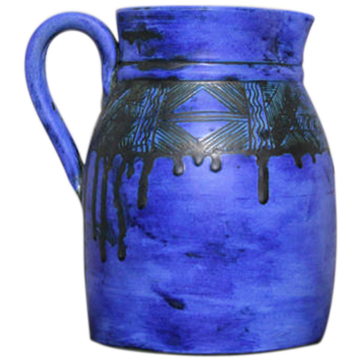 Royal Blue Ceramic Sgraffito Juice Pitcher by Jacques Blin, France, 1950s For Sale