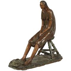 Bronze Sculpture of Woman on Stool, Fish at Her Feet