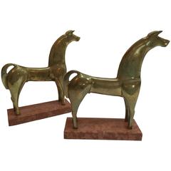 Pair of Sarreid Brass Cubist Horses Marble Bases, 1970s