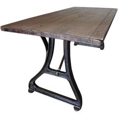 Industrial Pine Dining Table Cast Iron Base Early 20th Century