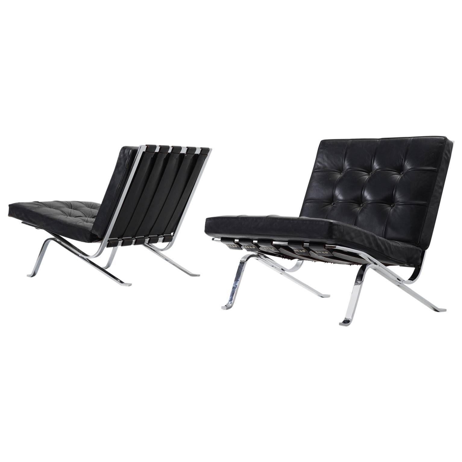 Robert Haussmann Set of Two Rare Lounge Chairs in Chrome and Black Leather