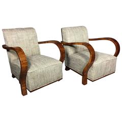Pair of French Art Deco Circassian Walnut Veneer Armchairs, 1930s