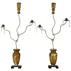 Antique Pair of 19th Century Italian Giltwood Urns with Gilt Iron Crystal Candelabras