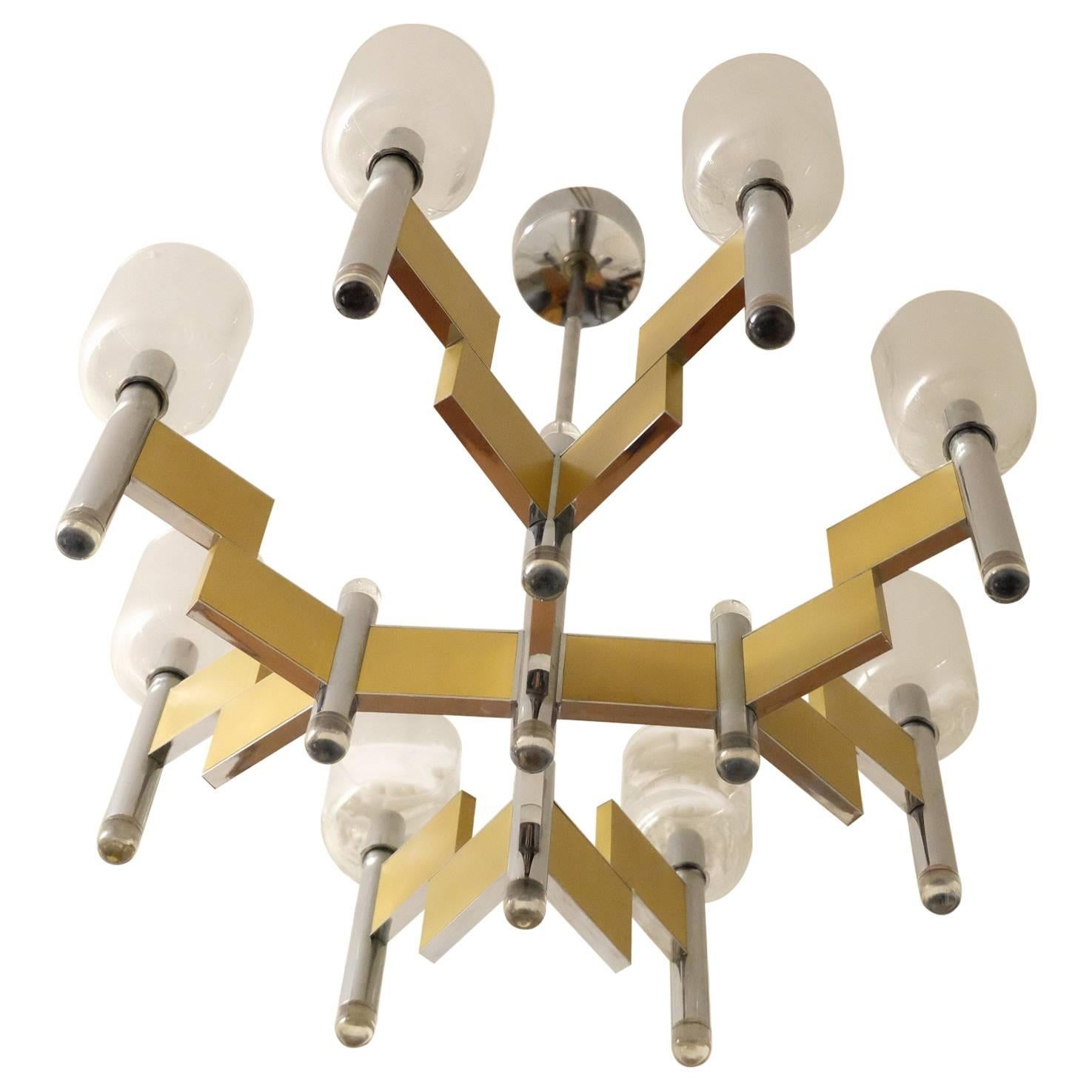 Sciolari Geometrical Brass Chandelier with Fine Glass Shades Eight Lights For Sale