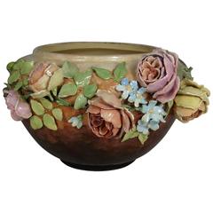 Large French Impressionist Majolica Barbotine Pastel Roses Jardiniere