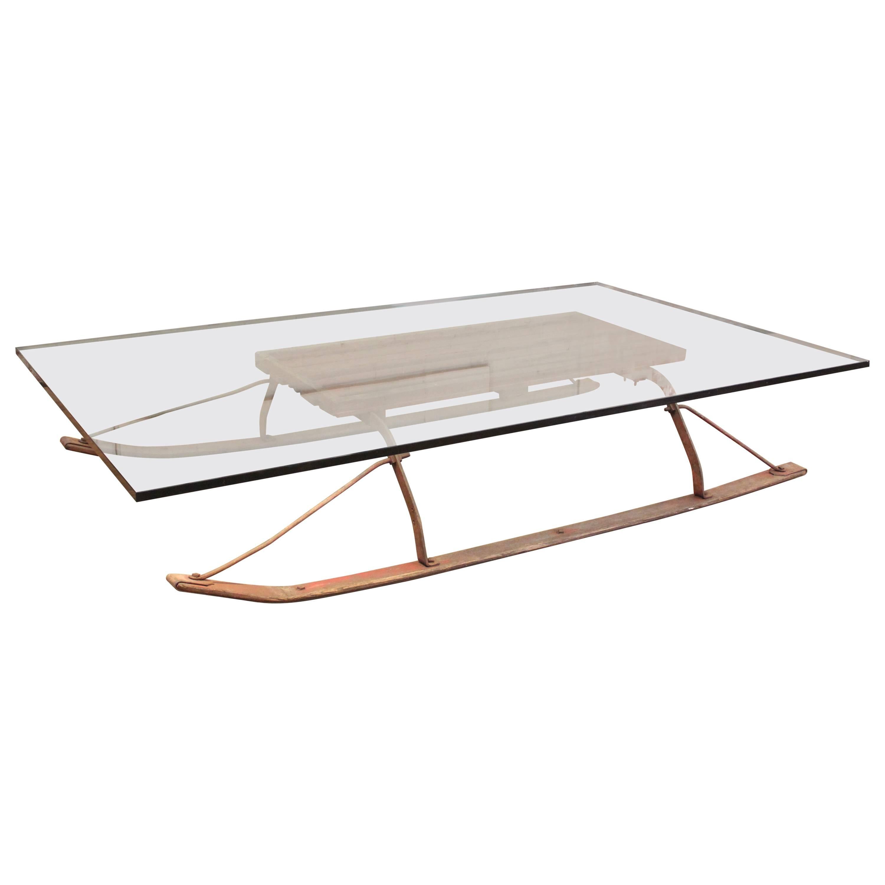 Coffee Table Vintage Industrial Wood and Glass Sled  For Sale