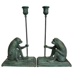 Vintage 1970s Maitland Smith Bronze Monkey Candleholders