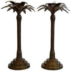 1970s Maitland Smith Brass Palm Tree Candleholders