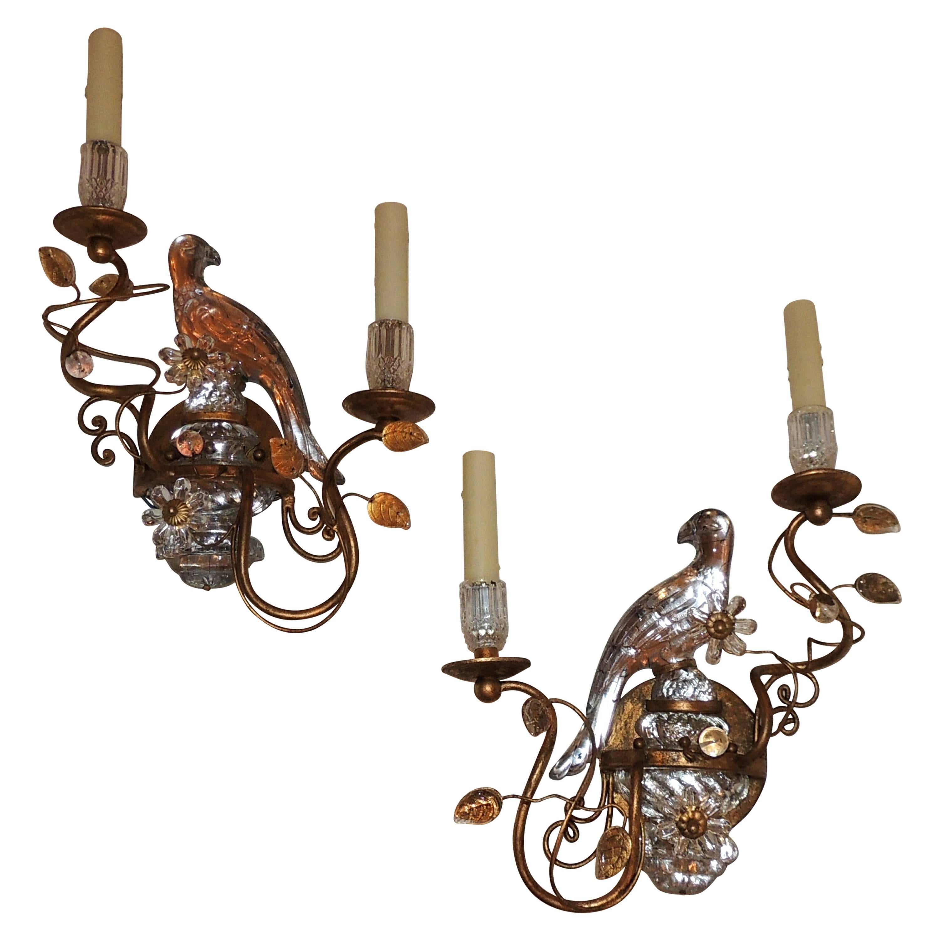 Wonderful Pair Bagues Style Vintage Jansen Gilt Rock Crystal Parrot Bird Sconces