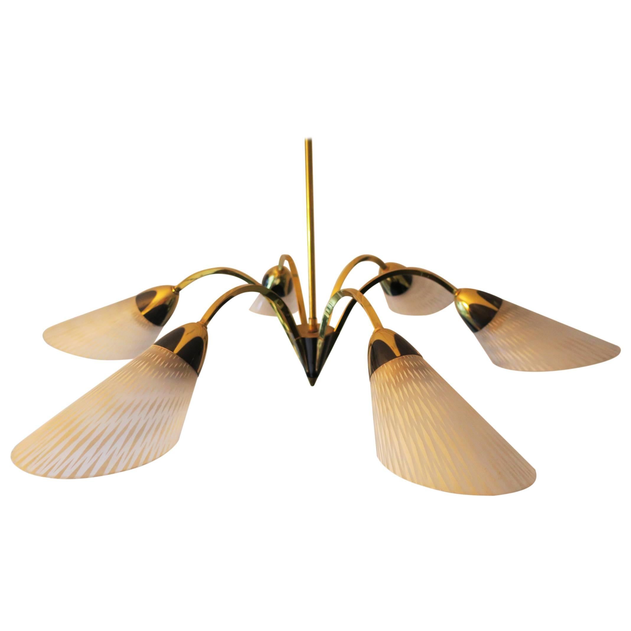 Fine Brass and Glass Six-Light Chandelier 1950s For Sale