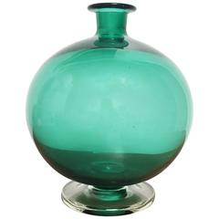 Midcentury Spherical Footed Green Glass Vase