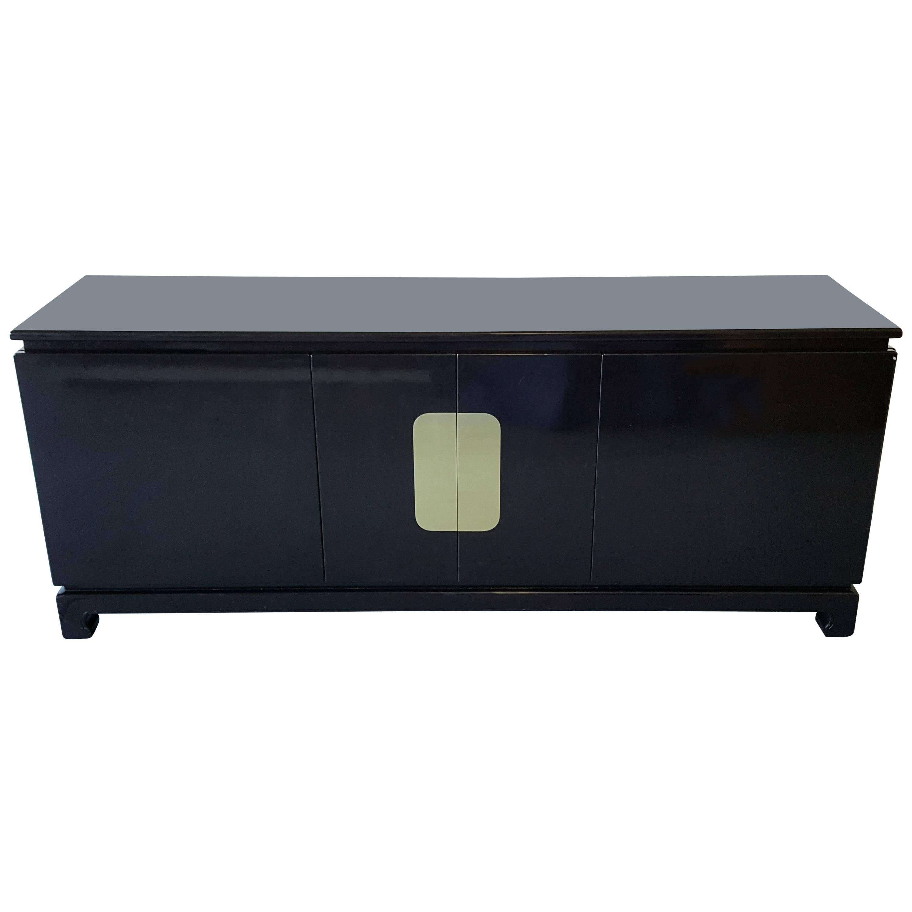 1970s Black Lacquer and Brass Credenza in the Style of James Mont