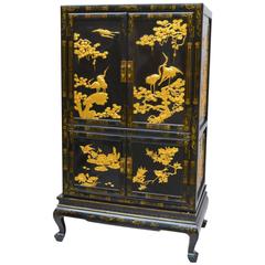 Black and Gold Lacquered Chinese Export Cabinet on Stand 