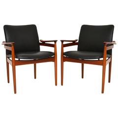 Pair of Danish Teak and Leather Armchairs by Finn Juhl For France and Son