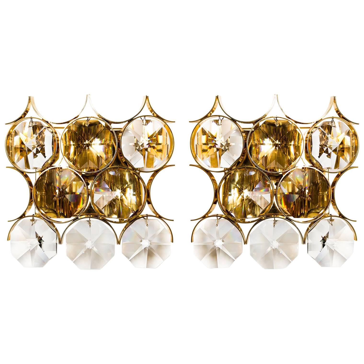 Pair of Palwa Sconces Wall Lights in Gilded Brass with Large Crystals, 1960s