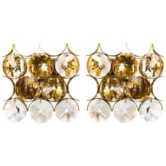 Pair of Palwa Sconces Wall Lights in Gilded Brass with Large Crystals, 1960s
