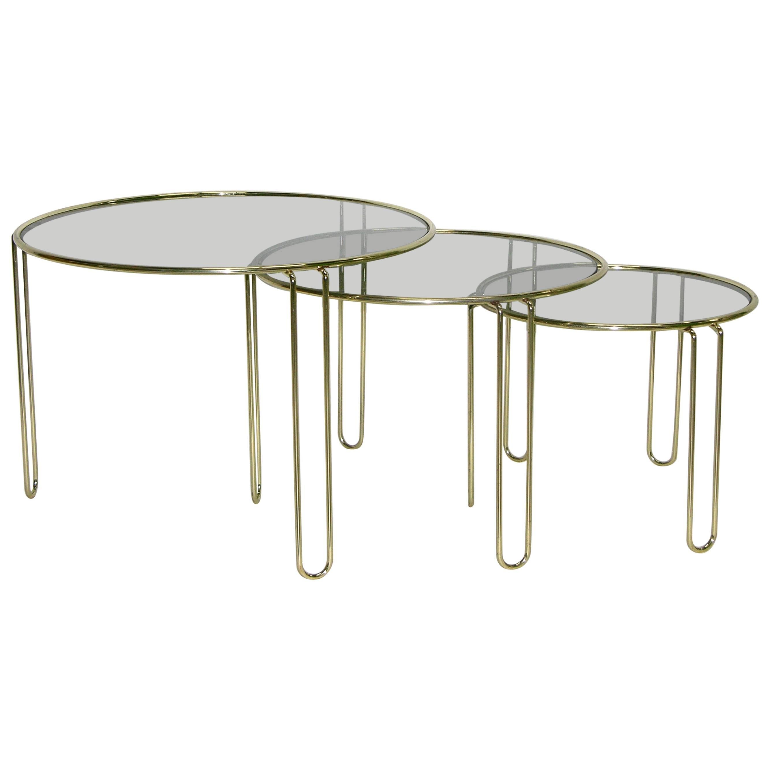 1970s Italian Minimalist Set of Three Brass Smoked Glass Round Nesting Tables
