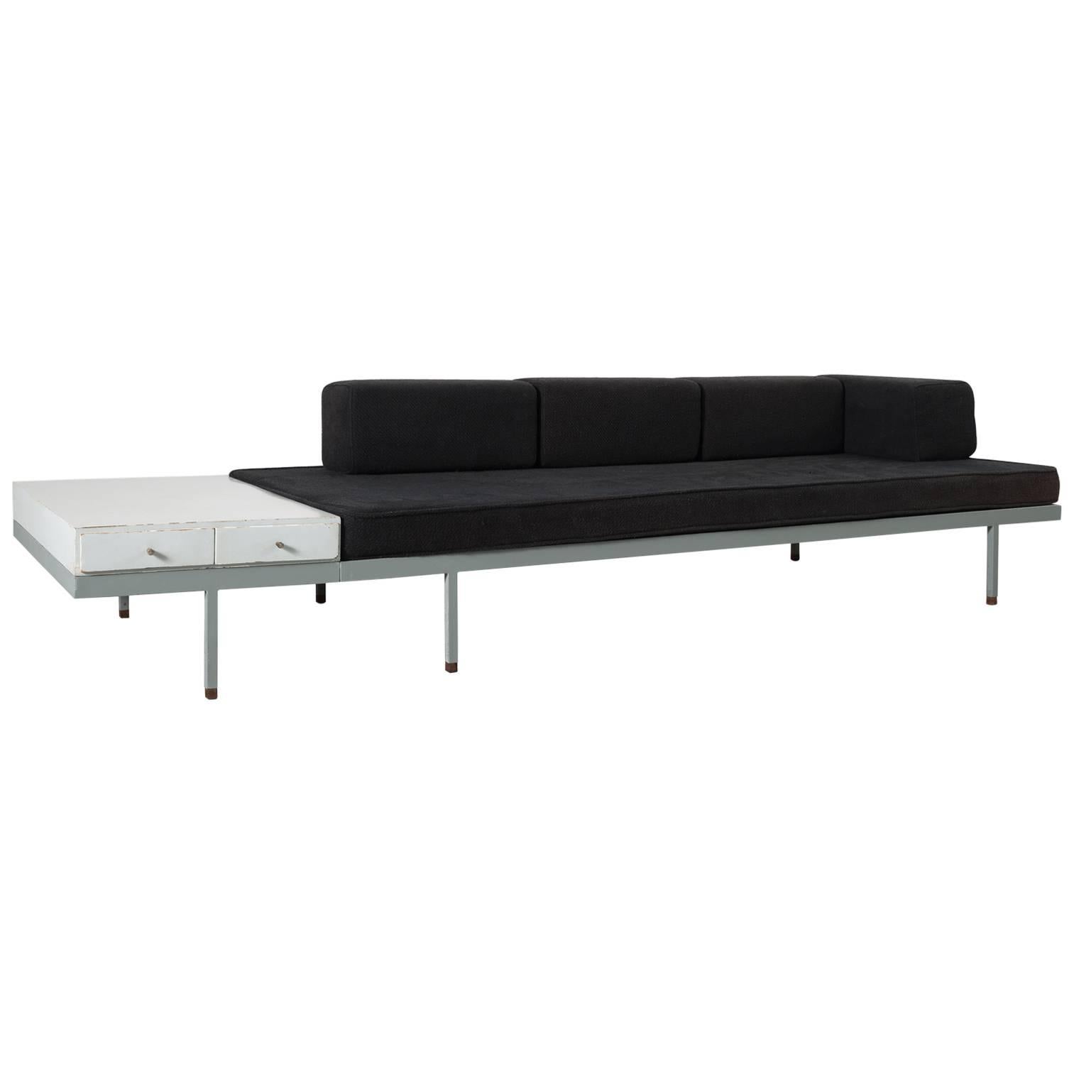 Midcentury Metal Sofa in Black Fabric Upholstery and Integrated Side Table 