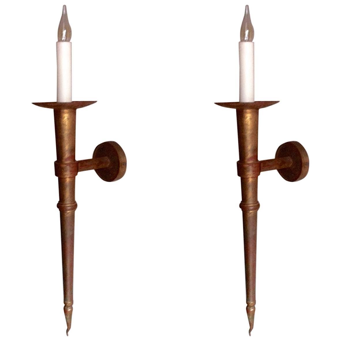 Pair of Torch Sconces in Gold Leaf Wrought Iron For Sale
