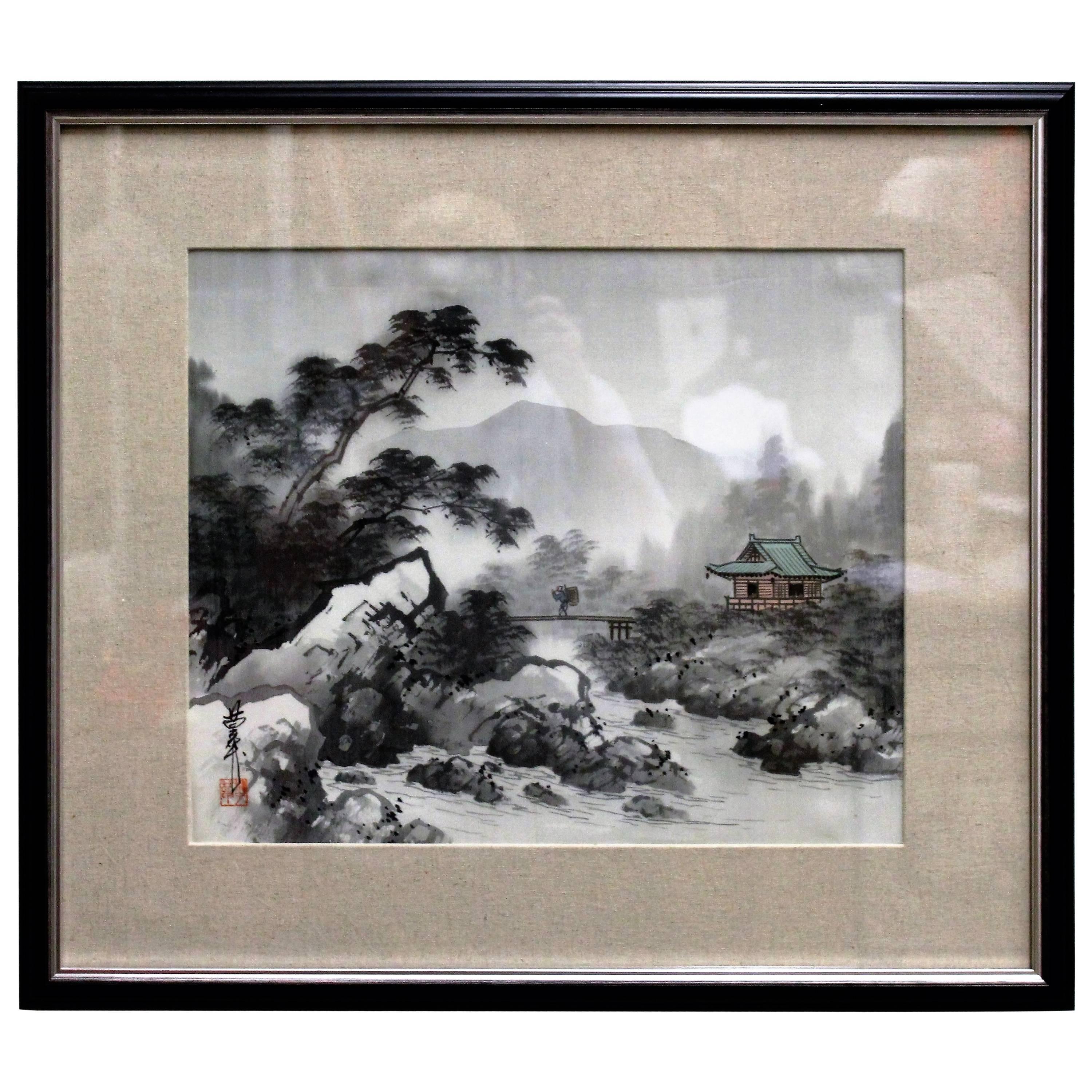 Mid-Century Japanese Ink Wash Painting For Sale