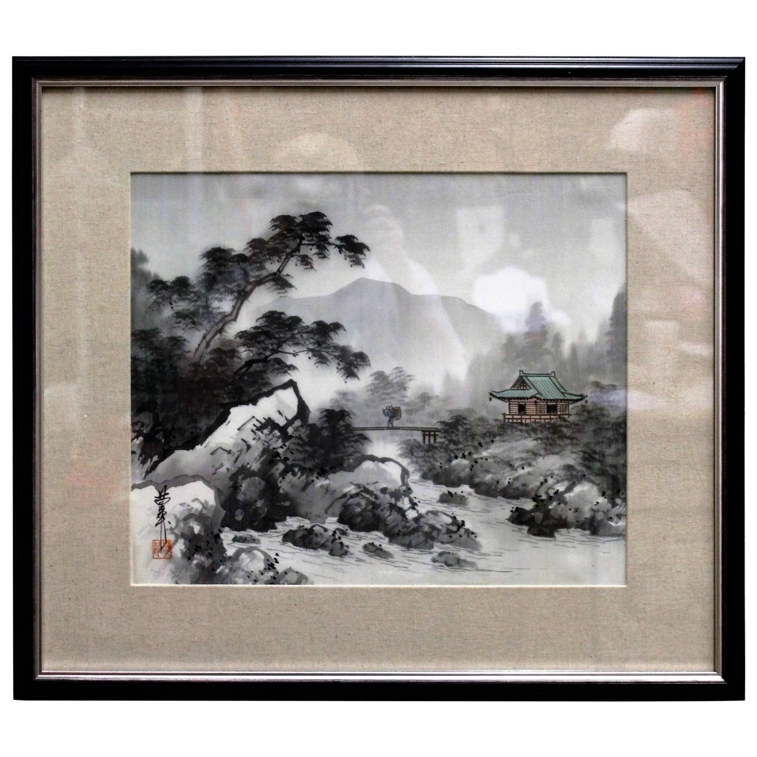 MidCentury Japanese Ink Wash Painting For Sale at 1stdibs