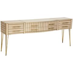 Retro Italian Midcentury White Glass Sideboard Credenza and Brass, 1960s