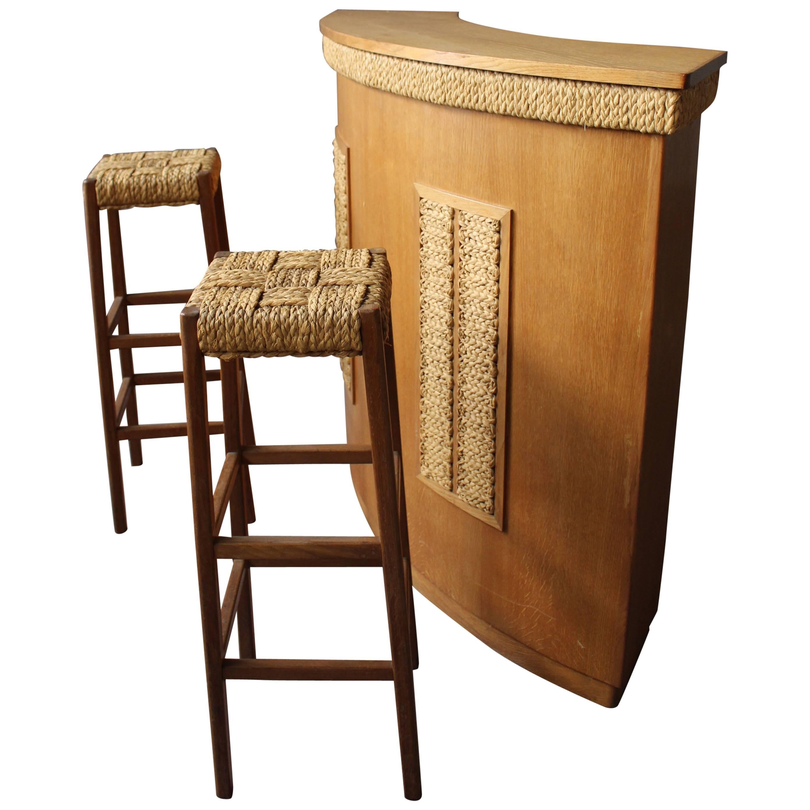 Fine French 1950s Oak And Rope Bar Two Stools By Audoux Minet At Fine French 1950s Oak And Rope Bar Two Stools By Audoux Minet At 1stdibs