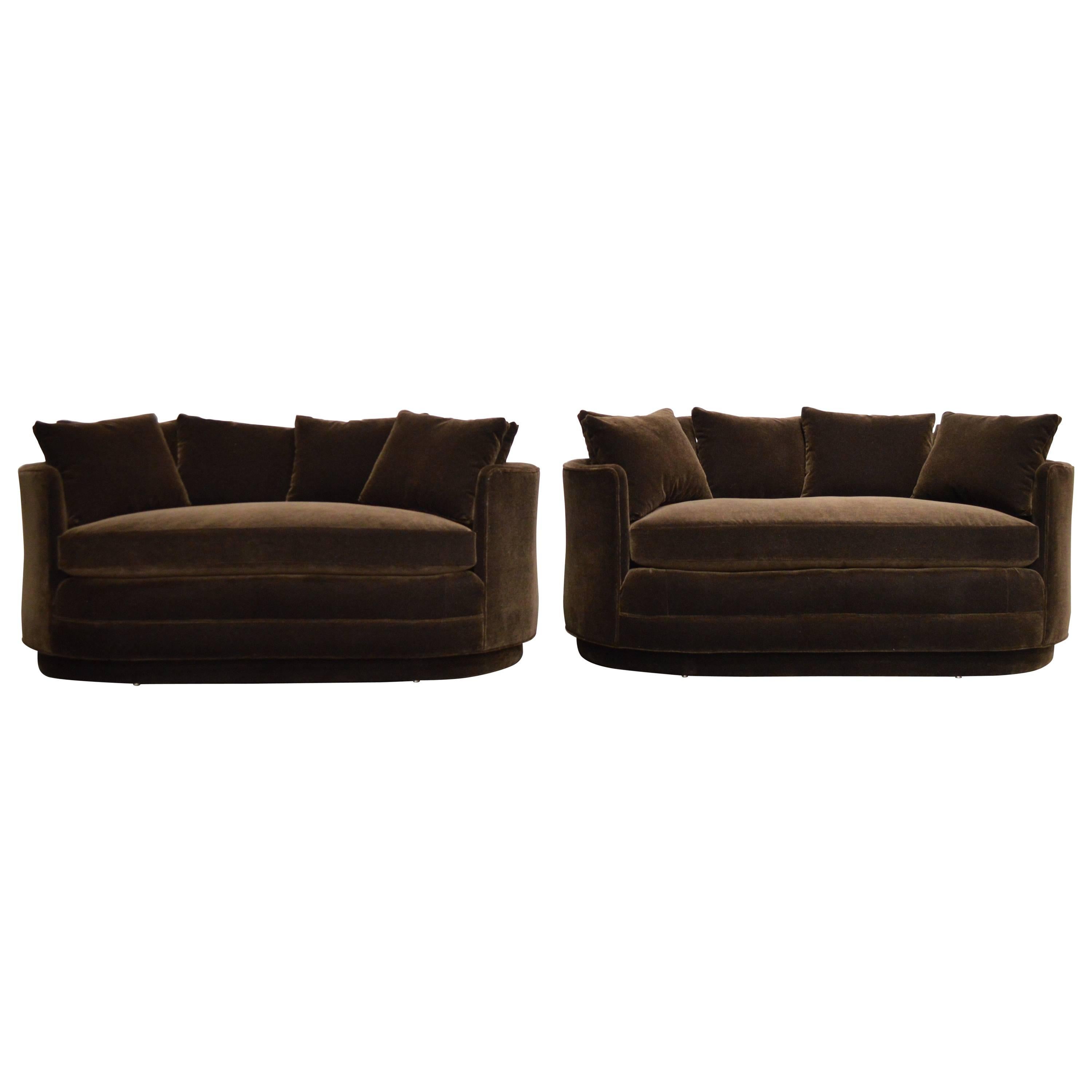 Pair of Vintage Curved Loveseat Sofas in Chocolate Brown Mohair