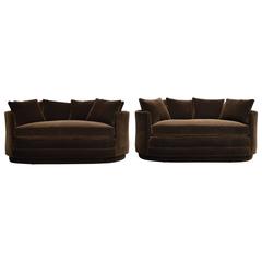 Pair of Vintage Curved Loveseat Sofas in Chocolate Brown Mohair