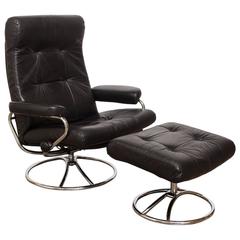 Used Midcentury Ekornes Stressless Reclining Lounge Chair and Ottoman