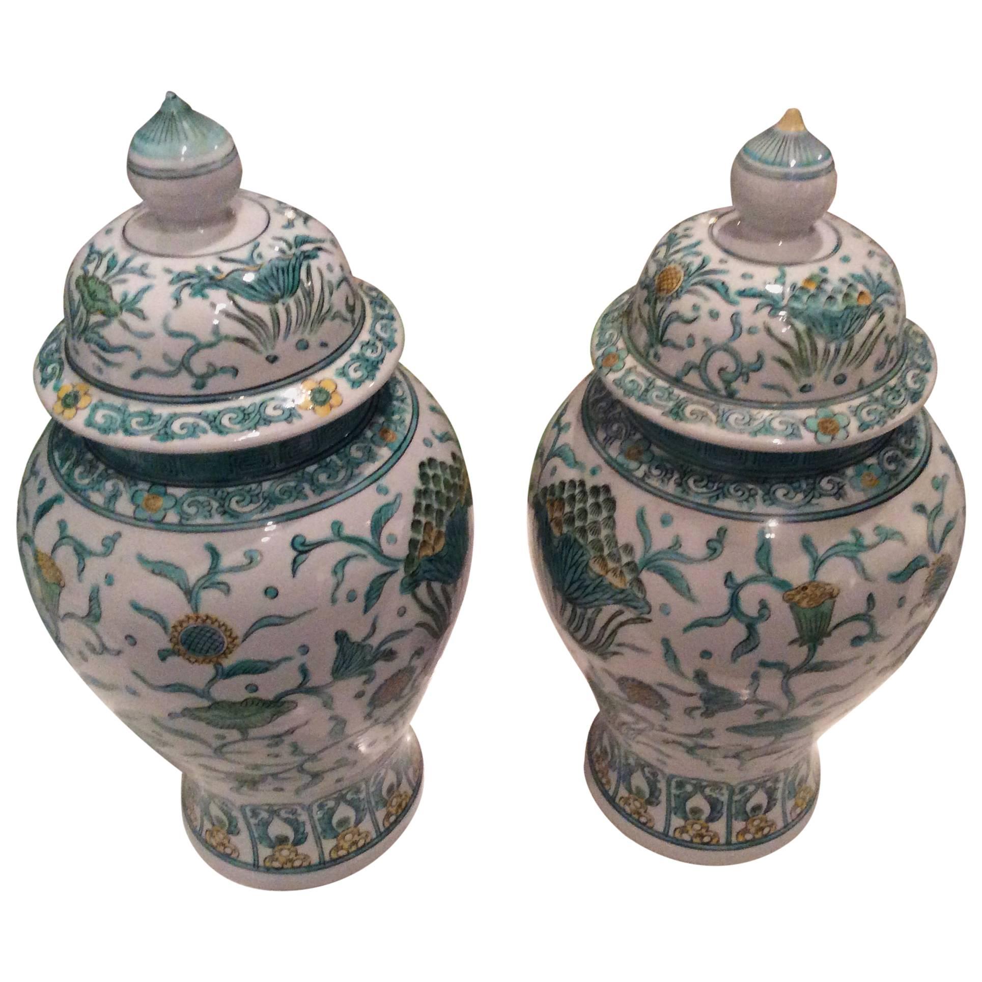 Pair Vintage Ginger Jar Green Asian Oriental Greek Key Hollywood Regency Japan