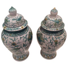 Pair Vintage Ginger Jar Green Asian Oriental Greek Key Hollywood Regency Japan