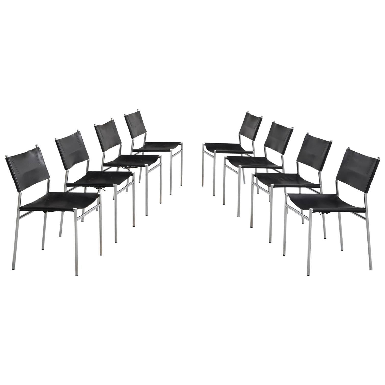 Martin Visser Set of 8 Dining Room Chairs in Original Black Leather