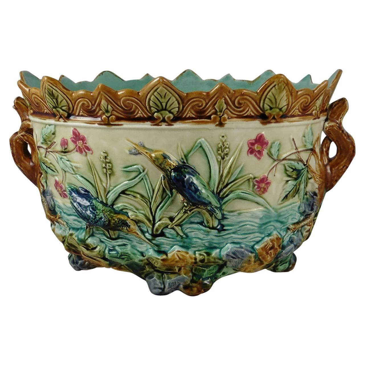 19th Century Majolica Pond W. Kingfishers Jardiniere, Onnaing