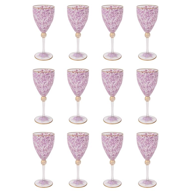 10 Vintage Pink Gilt Wine Glasses, HandPainted with 24Karat