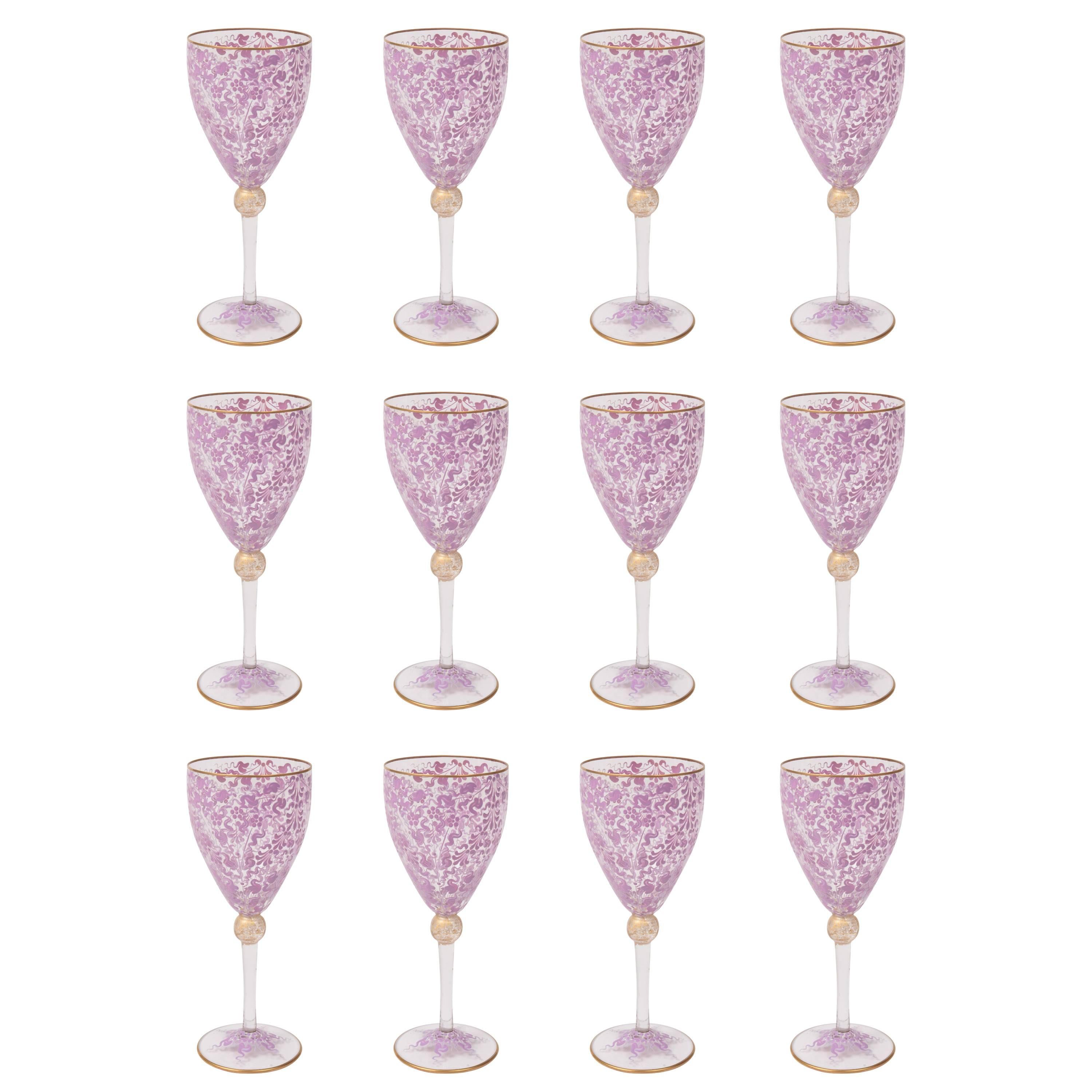 10 Vintage Venetian Pink Gilt Wine Glasses, Hand-Painted with 24-Karat Gold